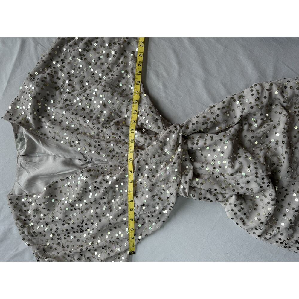 ASOS Design Nude Sequin Midi Dress Batwing Sleeve Front Slit Plunging Neck SZ 12 - Picture 12 of 13